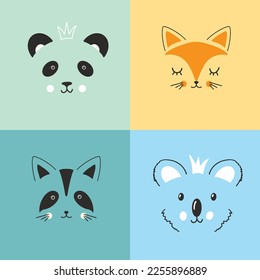 Cute Animal face. Cartoon animals collection, panda, fox, raccoon and koala. Vector illustration.