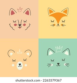 Cara animal. Colección de animales de dibujos animados, perro, zorro, oso y gato. Ilustración vectorial.