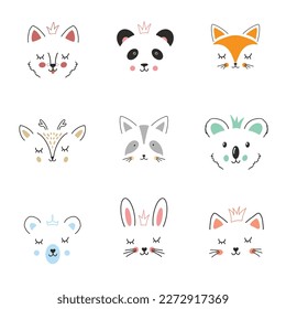 Cara animal. Colección de animales de dibujos animados, perro, panda, zorro, ciervo, mapache, koala, oso, conejo y gato. Ilustración vectorial.