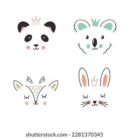 Cute Animal face. Cartoon animals collection, panda, deer, koala and rabbit. Vector illustration.