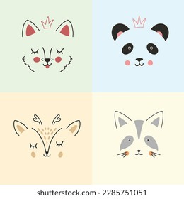 Cute Animal face. Cartoon animals collection, dog, panda, deer and raccoon. Vector illustration.