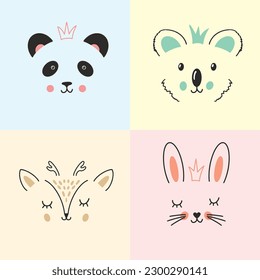 Cute Animal face. Cartoon animals collection, panda, deer, koala and rabbit. Vector illustration.