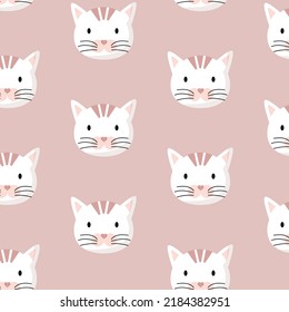 Cute animal face, cat muzzle, fluffy head seamless pattern. Childish design of wrapping paper, fabric, textile, graphic, print. Cartoon vector illustration. Texture, background, wallpapers, ornament