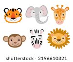Cute animal face characters set in cartoon style. African animals Giraffe, monkey lion, elephant and zebra. isolated vector.