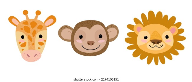 Cute animal face characters set in cartoon style. Giraffe, monkey and lion isolated vector.