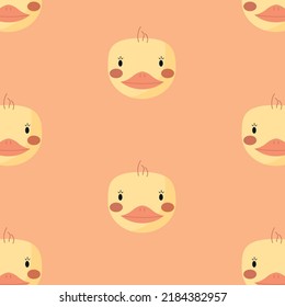 Cute animal face, chick muzzle, fluffy head seamless pattern. Childish design of wrapping paper, fabric, textile, graphic, print. Cartoon vector illustration. Texture, background, wallpapers, ornament