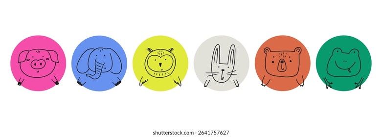 Cute animal face circle avatar. Cartoon head character animal kid baby icon. Doodle vector illustration