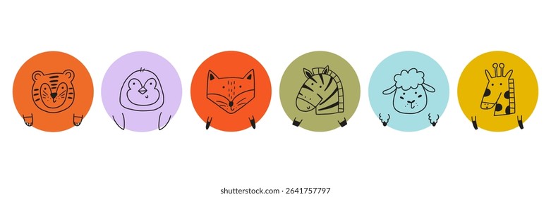 Cute animal face circle avatar icon. Cartoon head character animal kid baby icon. Doodle vector illustration