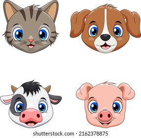 Cute animal face collection set . Cat, dog, Cow and Pig