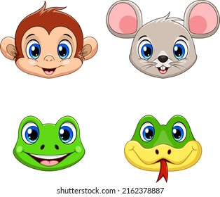 Cute animal face collection set . Monkey, Mouse, Frog and Snake