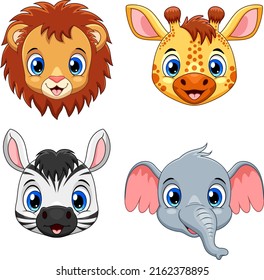 Cute animal face collection set. Lion, Giraffe, Zebra and Elephant