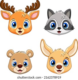 Cute animal face collection set. Lion. Deer, Raccoon, bear and Kangaroo