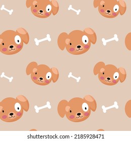 Cute animal face, dog muzzle, fluffy head seamless pattern. Childish design of wrapping paper, fabric, textile, graphic, print. Cartoon vector illustration. Texture, background, wallpapers, ornament