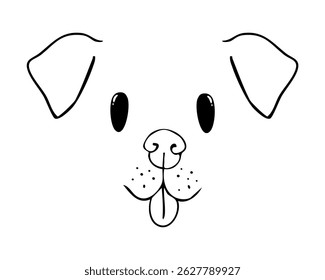 Cute animal face, dog puppy pet comic doodle with expressions. Set heads with delicious lick tongue, mouth, adorable emotions. Comic cartoon or kawaii fanny pet