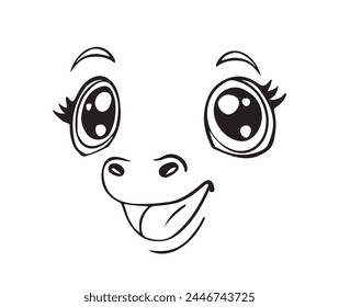 Cute animal face with eyes and nose, fawn, pony or piglet. Vector line drawing for children, embroidery. Funny happy pet character.