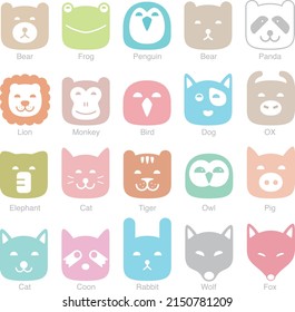 cute animal face flat icon set, vector illustration