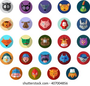 Cute Animal Face Flat Icon Set