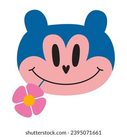 Cute animal face with a flower in its mouth, vintage groovy character. Trendy modern vector illustration isolated on white background, hand drawn, flat design