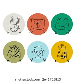 Cute animal face funky avatar. Cartoon head character animal kid baby icon. Doodle vector illustration