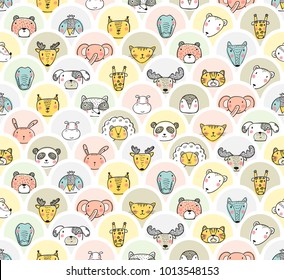 Cute Animal Face Heads Round Stickers Set Seamless pattern. Hand drawn Doodle Cartoon Funny Wild Animals, Pets and Birds labels Vector Background  for kids