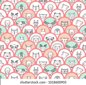 Cute Animal Face Heads Round Stickers Set Seamless pattern. Hand drawn Doodle Cartoon Funny Wild Animals, Pets and Birds labels Vector Background for kids