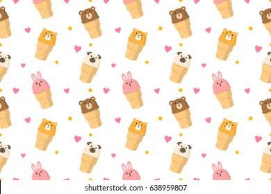 Cute animal face ice cream seamless pattern vector background