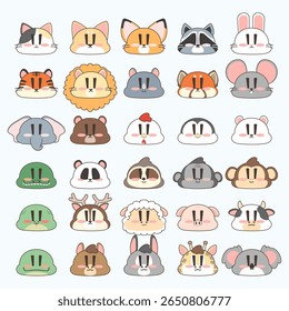 Cute animal face icon set in cartoon vector style. Includes zoo, farm, forest, and pet animals – perfect for kids' projects, apps, stickers, and educational materials.