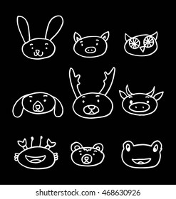 Cute animal face icons. Hand Drawn animal face on black background. animal icon face