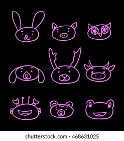 Cute animal face icons. Hand Drawn animal face on black background