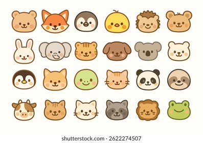 Cute Animal Face Icons Set in Kawaii Style