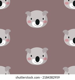 Cute animal face, koala muzzle, fluffy head seamless pattern. Childish design of wrapping paper, fabric, textile, graphic, print. Cartoon vector illustration. Texture, background, wallpapers, ornament