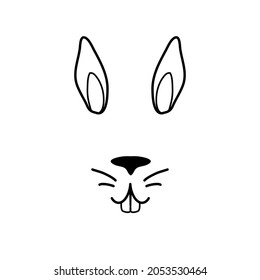 Cute animal face with long ears and mouth. Black doodle on white background. Hare hopper face mask silhouette. Cute rabbit logo. Animal nose and teeth logo for veterinarian pet shop. Social media icon