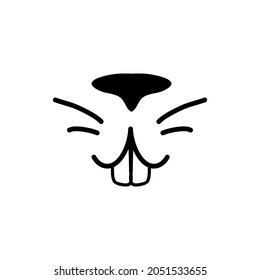 Cute animal face with nose and teeth. Black doodle on white background. Mouse rodent face mask silhouette. Cute rabbit logo. Animal nose and teeth logo for veterinarian or pet shop. Social media icon