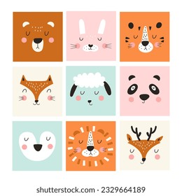 Cute animal face posters set . Hand drawn nursery character card  for graphic, print, card or poster. Vector illustration