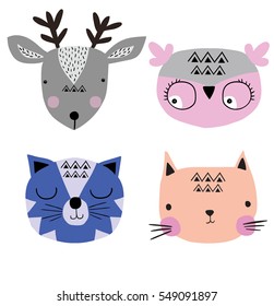 Cute animal face set cartoon artwork illustration.