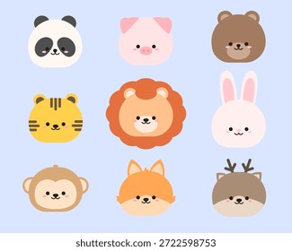 Cute Animal Face Set in Flat Cartoon Style Vector