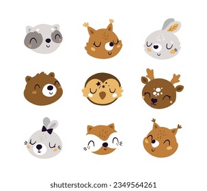 Cute animal face set on white background. Little bunny illustration, vector bear clipart.