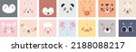Cute animal face set vector illustration. Abstract scandinavian nursery character collection: penguin, hare, hedgehog, panda, giraffe, tiger, lama, sheep, cat, dog, elephant, chick, koala, raccoon