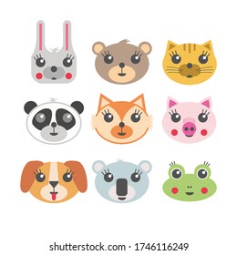 Cute animal face set vector illustration. Icon animal faces rabbit, bear, cat, panda, fox, pig, dog, koala and frog.