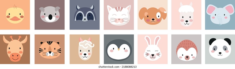 Cute animal face set vector illustration. Nursery character card collection for graphic, print: penguin, hare, hedgehog, panda, giraffe, tiger, lama, sheep, cat, dog, elephant, chick, koala, raccoon