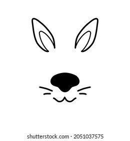 Cute animal face with smile and ears. Black doodle on white background. Dog or cat face mask silhouette. Cute rabbit logo. Animal nose and teeth logo for veterinarian or pet shop. Social media icon