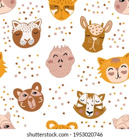 Cute animal face texture. Seamless children's pattern with funny deer, monkey, cat, raccoon, bear, leopard, tiger. Fashion vector print illustration, seamless pattern
