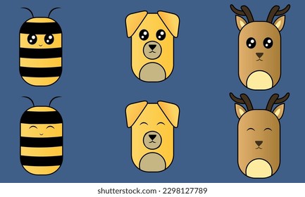 Cute animal faces - Bee , Dog , Deer. Designs for stickers , kids t-shirt. Hand draw.