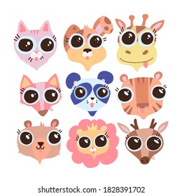 Cute animal faces with big eyes. A set of vector illustrations of cartoon animal heads including bear, cat, dog, tiger, panda, lion, fox, deer, giraffe. Concept for children print design