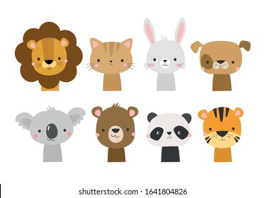 Cute animal faces in cartoon hand drawn style. Vector character illustration for baby, kids card, poster, invitation, apparel, nursery decor. Koala, lion, dog, bunny, bear, panda, tiger, cat. - Shutterstock ID 1641804826