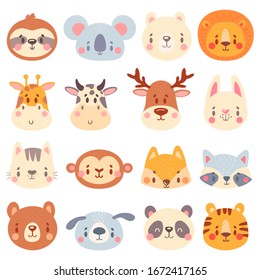 Cute Animal Faces. Color Animal Portraits, Cuteness Tiger, Funny Bunny Head And Funny Fox Face Vector Illustration Set. Bear Giraffe Panda, Koala And Rabbit, Tiger Mascot