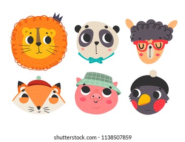 Cute animal faces. Colored vector set. All elements are isolated