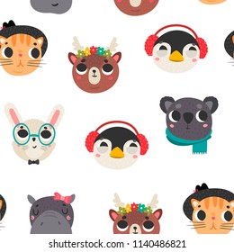 Cute animal faces. Colored vector seamless pattern