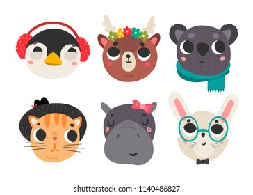Cute animal faces. Colored vector set. All elements are isolated