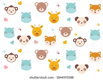 cute animal faces, colored vector pattern on a white background